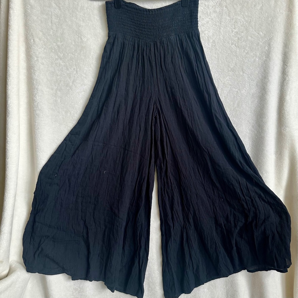 NWOT Elan Black Smocked Waist Wide Leg Cotton Gauze Palazzo Pants Boho Small